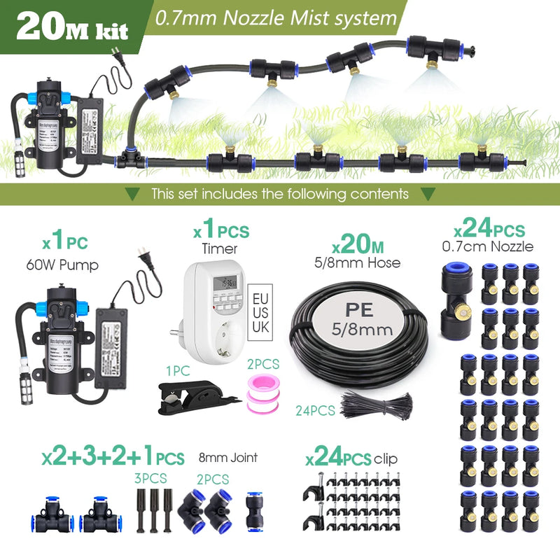 0.7MM Brass Nozzle 60W Self-Priming Pump Timing Misting Spray Kit for Garden Plants Farm Automatic Atomization Cooling System
