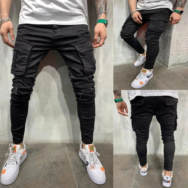 Men Jeans Solid Pockets Stretch Denim Straight Pants | SAMAG