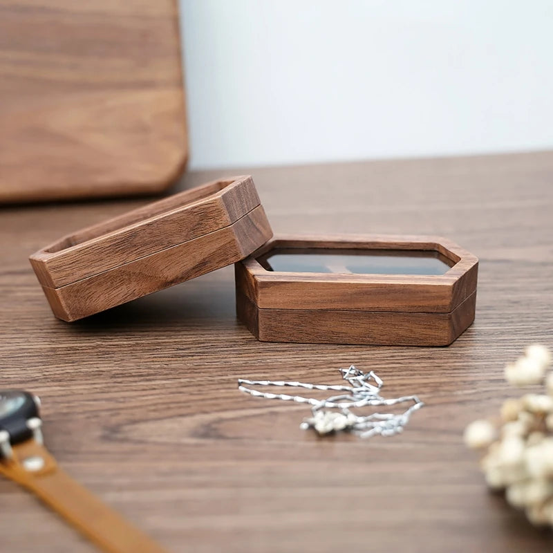 Jewelry Presentation Box Travel for Case Walnut Wood Engagement Ring Box Earring Stud Holder for Ceremony Wedding Propos