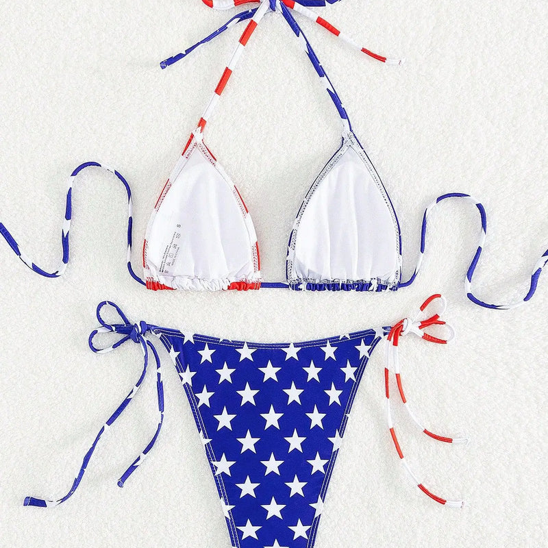 American Flag Print Micro Bikini Set Adjustable Patriotic | SAMAG