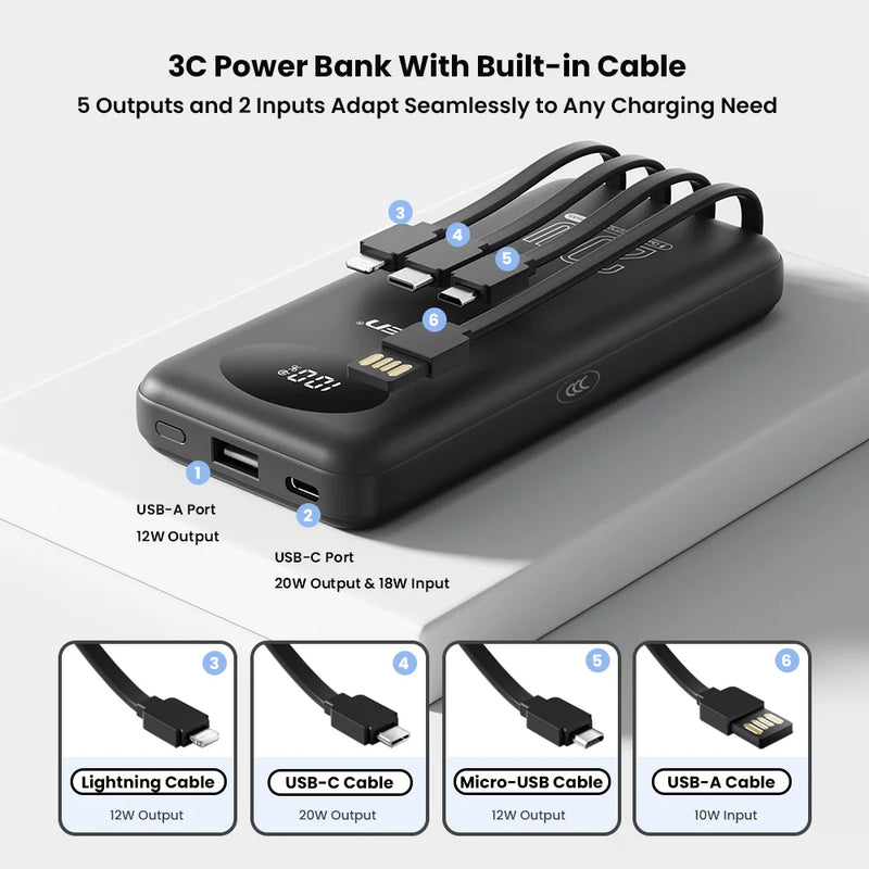 PISEN 3C Certified Power Bank 10000mAh & 20000mAh 20W Fast Charging Powerbank With 4 Built-in Cables For iPhone Samsung Xiaomi