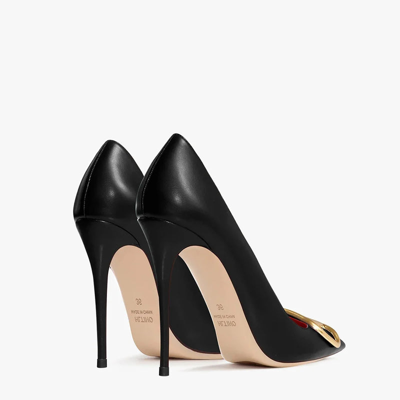 HLTINO Fashion Black Matte Finish High Heels with Buckle Women Classic Pumps Sexy Dress Shoes Party Stilettos for Spring Summer