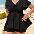 Plus Size Women's Two-Piece Swimsuit Black Solid Tankini | SAMAG