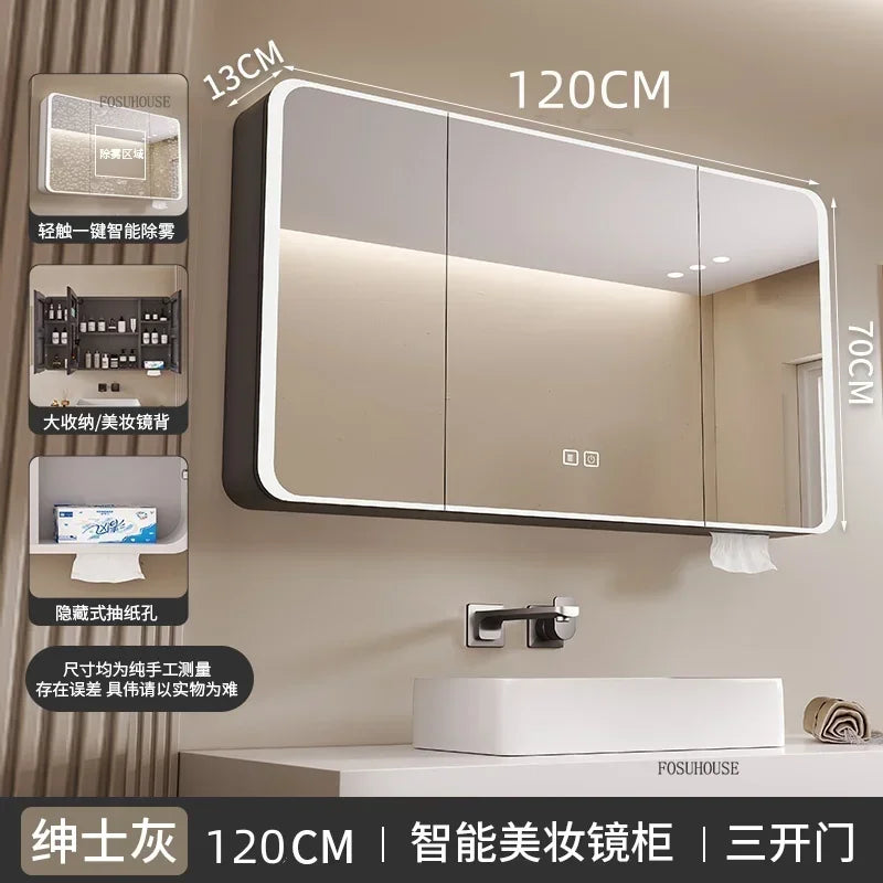 Minimalist Modern Arc-shaped Smart Bathroom Mirror Cabinets Home Furniture Wall-mounted Bathroom Mirror Cabinet with Lighting b
