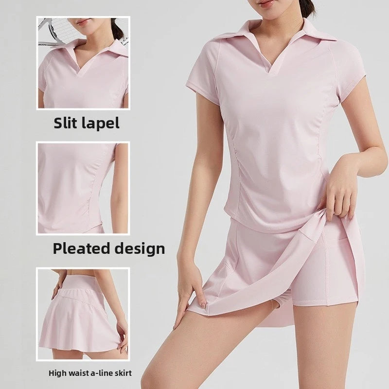 Women's Mesh Sport Set 2 Piece Short Sleeve Top with Skirt Summer Yoga Outfits Plus Size Quick Dry Breathable Tennis Badminton