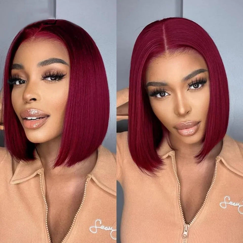 Burgundy Bob Wig 4C Hair Human Hair 13x5x1 Front Lace Straight Bob Wigs 99J Red Short Bob Wig Middle Part 100% Human Hair Wig