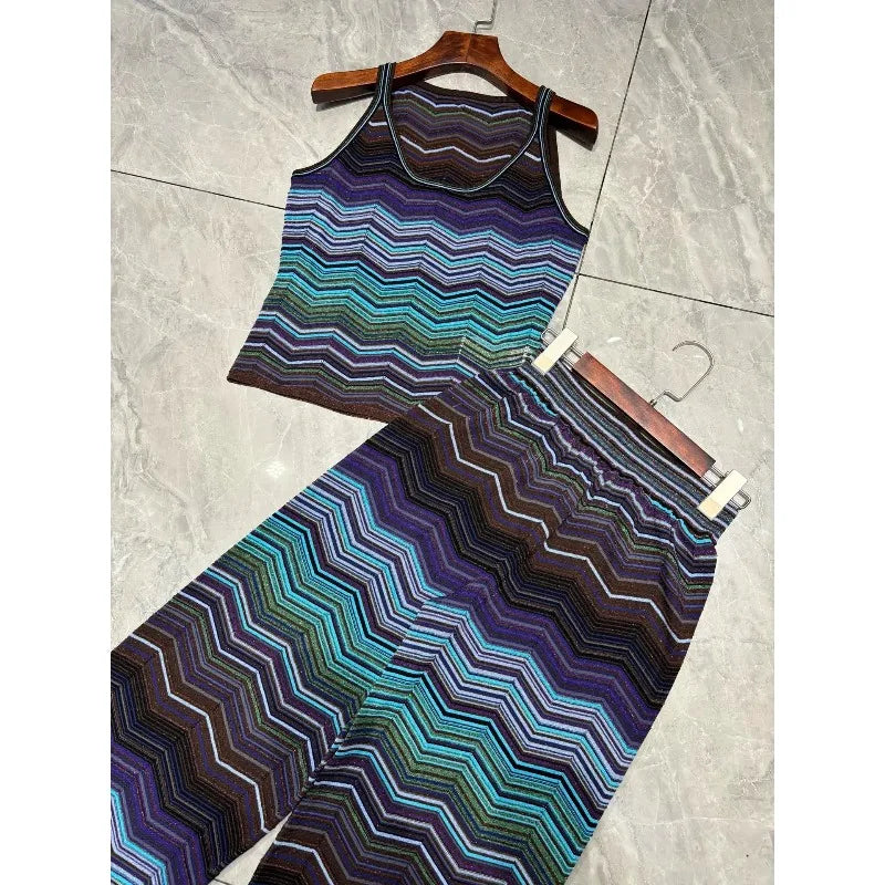 Bohemian Striped Knitted Pants Set for Women 2026 Summer New Color-Block Camisole Short Top+Slim Fit Straight Pants 2-Piece Set