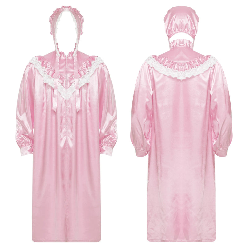Men Satiny Gothic Victorian Nightgown Robe with Hat Set Lace Trim Long Sleeve Sleep Dress And Lace-up Bonnet for Pajamas Party