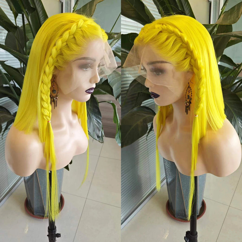 RONGDUOYI Yellow Colored Synthetic Lace Wig Silky Straight Heat Fiber Braided Hair Lace Front Wigs for Women Girls Fashion Wig