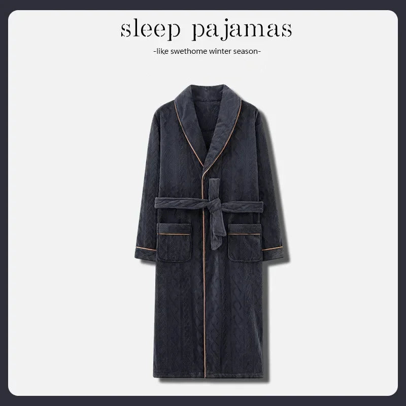 2026 Men's Autumn Winter Flannel Pajama Robes Thickened Warm Lace Up Bath Robes Men Loose Lounge Homewear Coral Fleece Nightgown