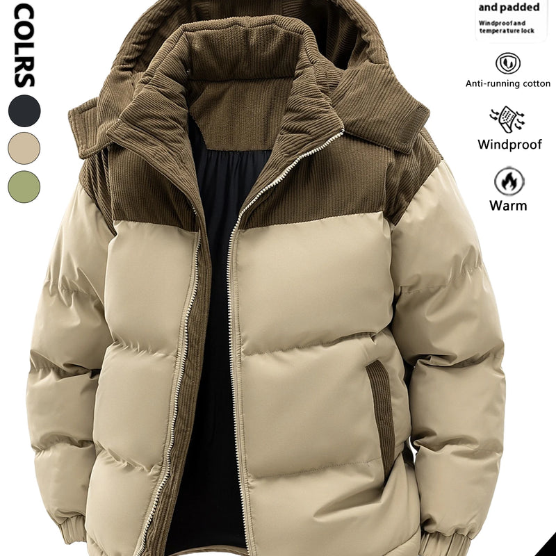 Men's Hooded Cotton Jacket, Thickeneded and Warm in Winter, Windproof and Cold-Resistant, Simple and Versatile for Work Clothing