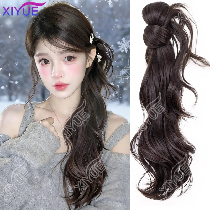 XIYUE Chinese Style Claw Clip Ponytail Braid Wig for Women, Elegant Updo, Natural Synthetic Hair Extension