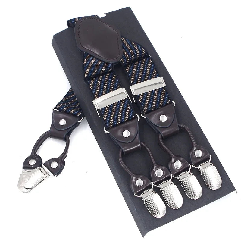 Men's Casual Fashion Leather Suspenders Adjustable High Quality Belt Strap Braces with 6 Clips