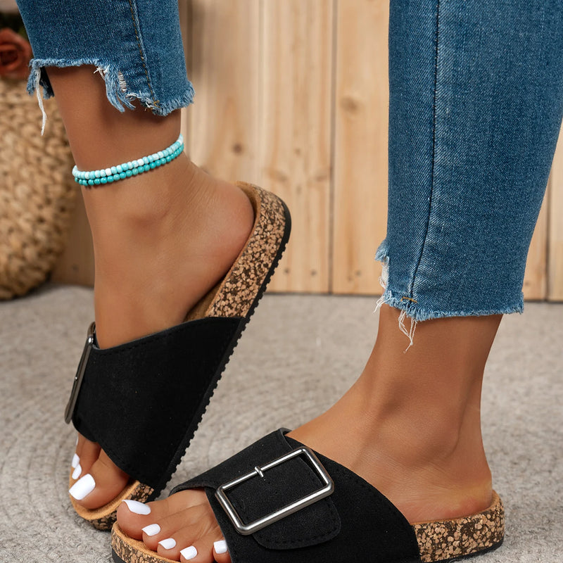 Women's Summer Spring and Autumn Casual Simple Large Buckle Suede Upper Soft Wood Grain Comfortable Flat Heel Slip-On Beach Slippers