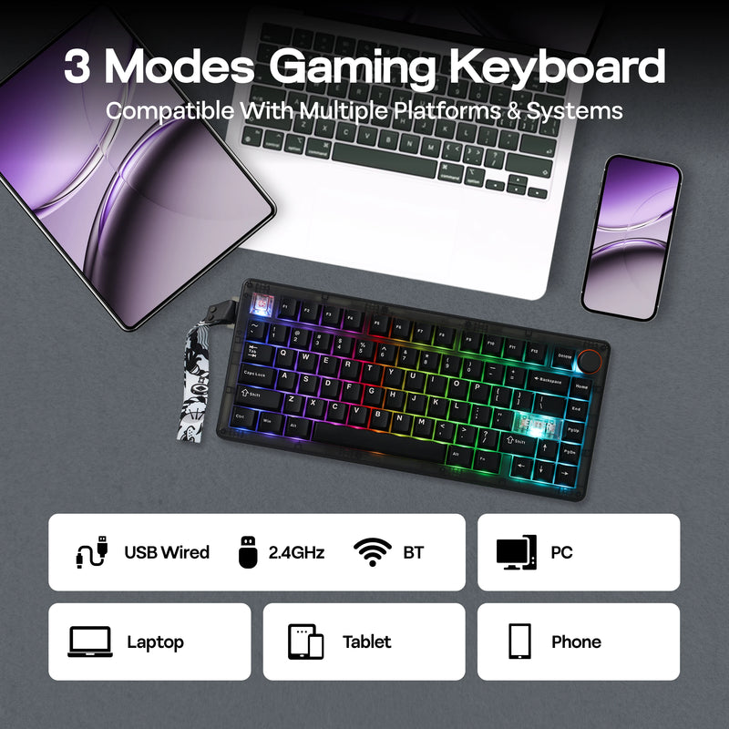 CIDOO QK75 75% Hot-Swap Gasket Tri-Mode Wireless Mechanical Gaming Keyboard with VIA Programmable & RGB Backlit for Win/Mac
