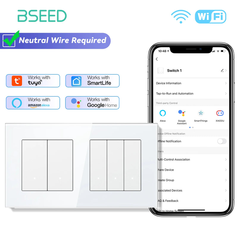 BSEED WIFI Light Switch 1/2/3/4Gang 2Way Smart Click Button Switch Glass Panel White LED Indicator Tuya Smart Life Alexa Control