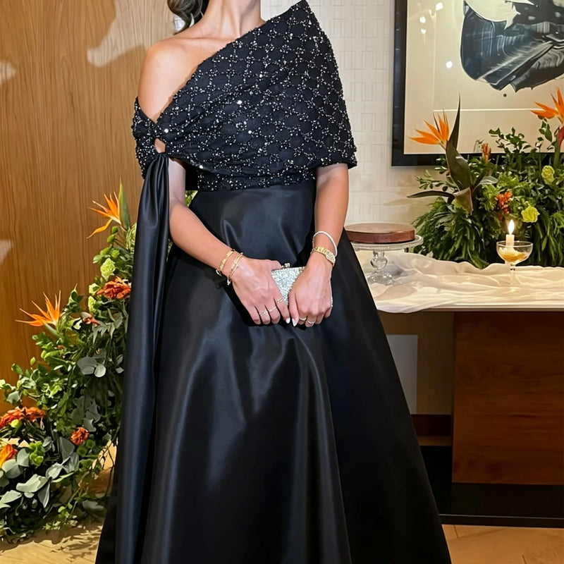 Luxury Asymmetric Off Shoulder A-Line Evening Dress Bead | SAMAG
