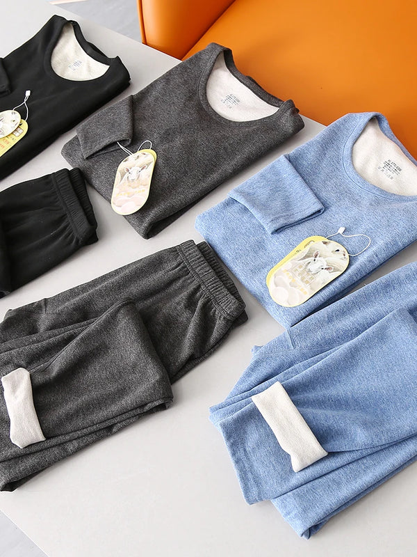 Upgraded Version Men's Thermal Wool Silk Underwear Set Self-Heating Double Warmth Velvet Knitted Fabric Long Sleeve round Neck