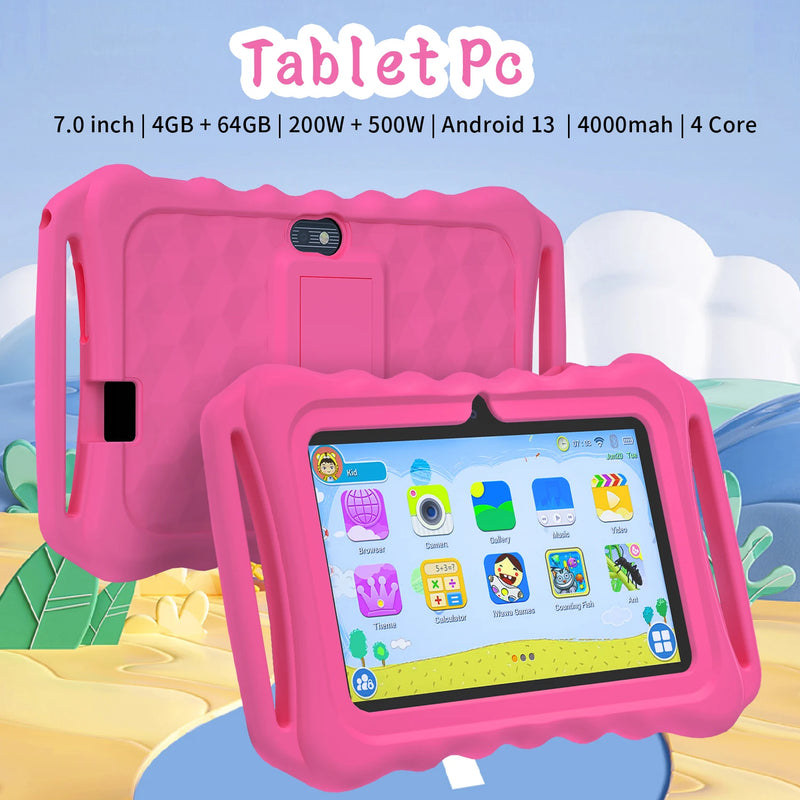 Android 13 Kids Tablet 7-inch,4-core CPU, 2.4G WiFi,2.0MP+5.0MP dual cameras 4GB RAM+64GB ROM,4000mAh Battery,