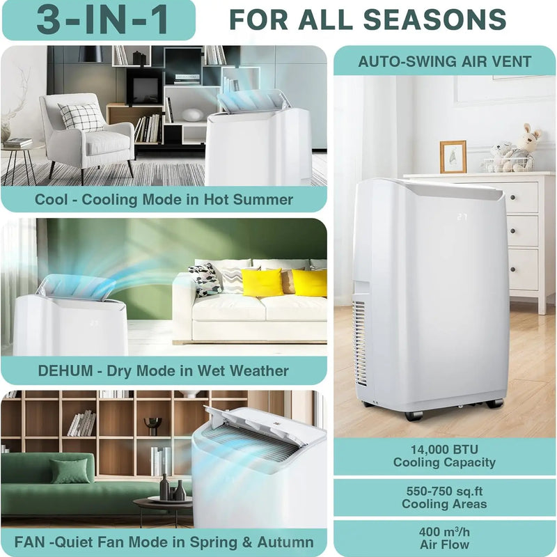 14,000 BTU Portable Air Conditioners Cools up to 750 Sq.Ft, 3-in-1 Quiet Portable AC Unit with Cool, Dehumidifier & Fan, Sleep Mode, 24H Timer, Remote Control & Installation Kits