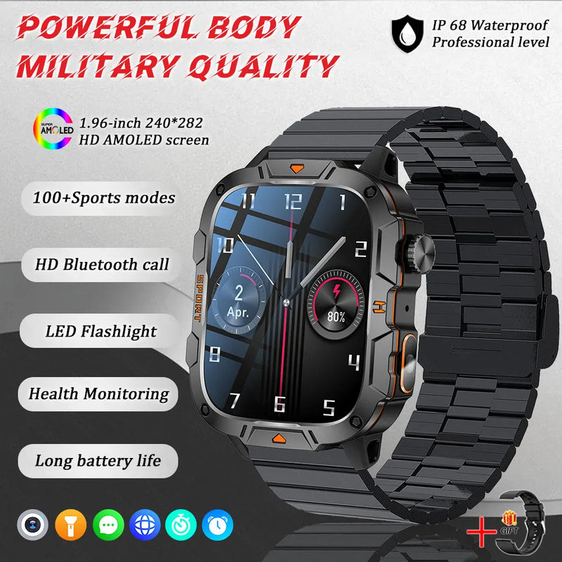 2025 New Military Grade Smart Watch Men 1.96" AMOLED Screen 5ATM Waterproof Simming Sports Fitness Tracker BT Call Smartwatches