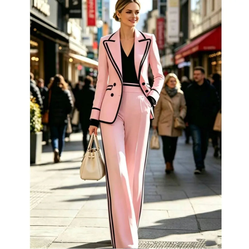 Elegant Women's Double Breasted Blazer Casual 2 Piece Set Autumn Lapel Long Sleeve Blazer Coats With Long Pants Office Suits