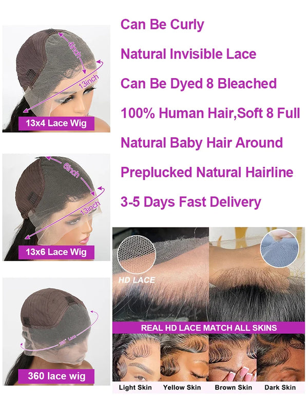 300 High Density Hd 13x4 13x6 Bone Straight Human Hair Lace Front Wigs Pre Plucked Baby Hair Brazilian 40 46 Inch 360 Full Lace Frontal Wigs For Black Women 100% Real Human Hair Natural Black Color