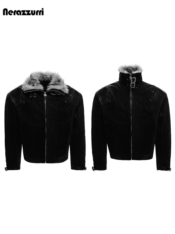 Nerazzurri Autumn Winter Thick Warm Faux Fur Patchwork Snakeskin Print Pu Leather Jacket Men Luxury Emo Menswear Clothing 2026
