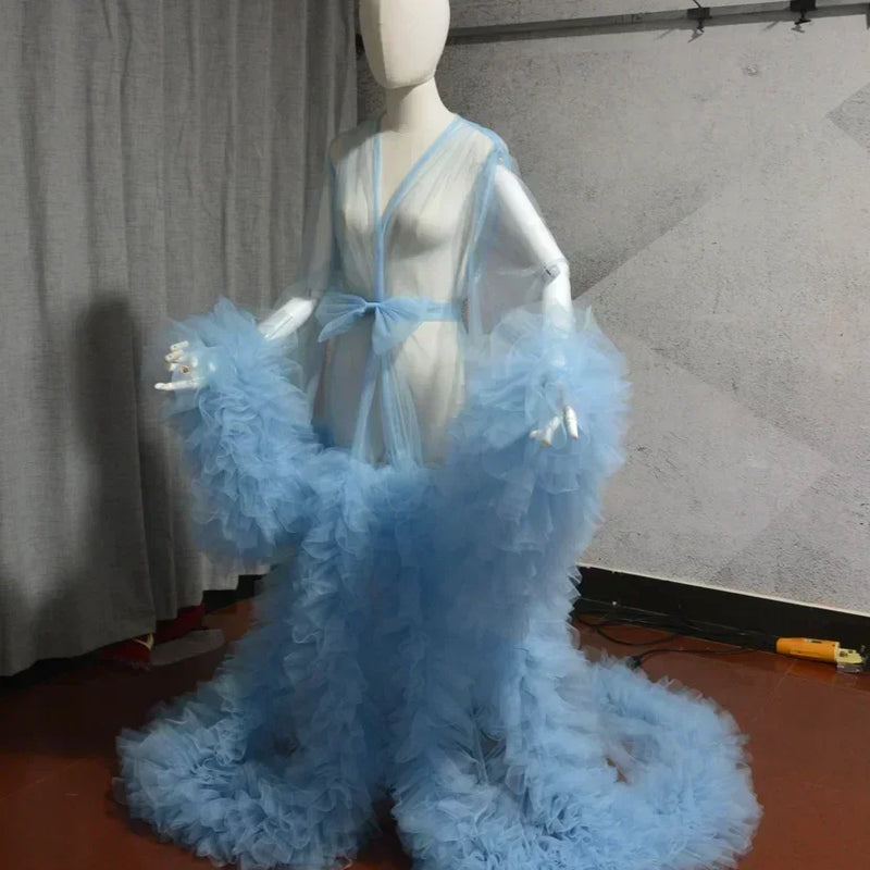 Women Dressing Gown Perspective Sheer Long Tulle Robe Puffy Pregnancy Maternity Dress for Baby Shower Nightgown Sleepwear Custom