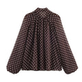 Women Polka Dot Print Blouse Casual High Collar Long - View 11 | SAMAG