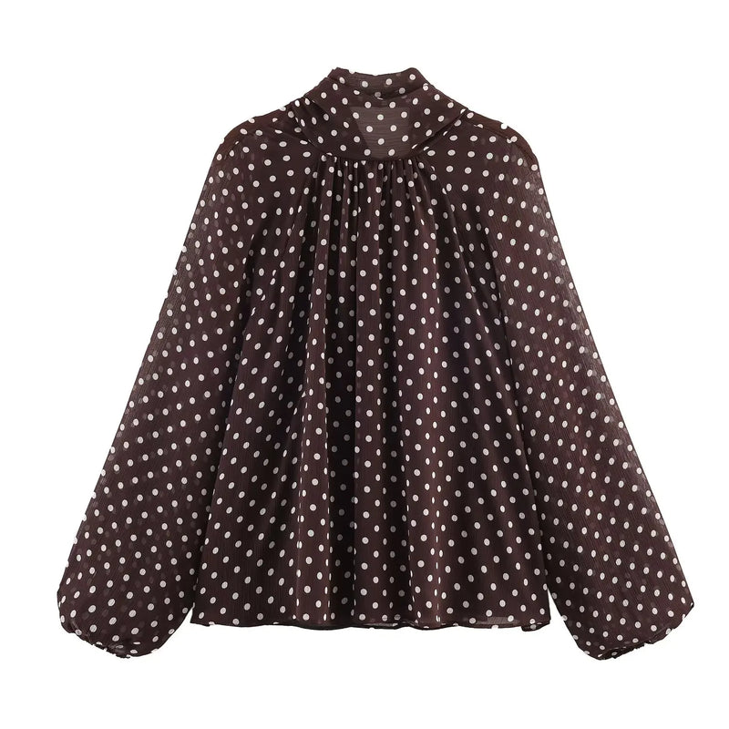 Women Polka Dot Print Blouse Casual High Collar Long - View 11 | SAMAG
