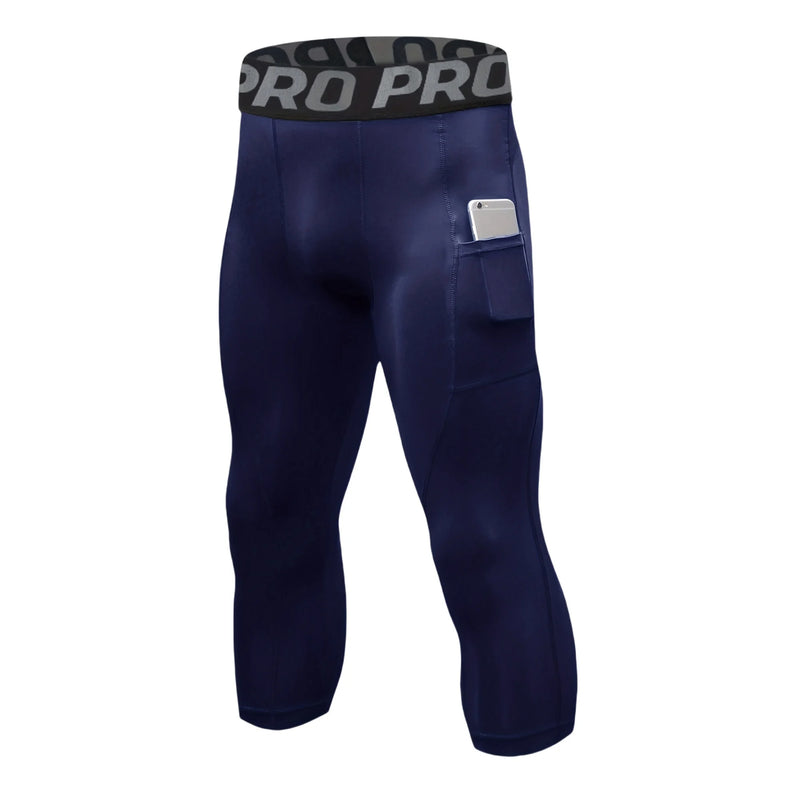Mens 3/4 Compression Pants Basketball Running Tights Quick Dry Workout Leggings with Pockets Gym Sports Base Layer