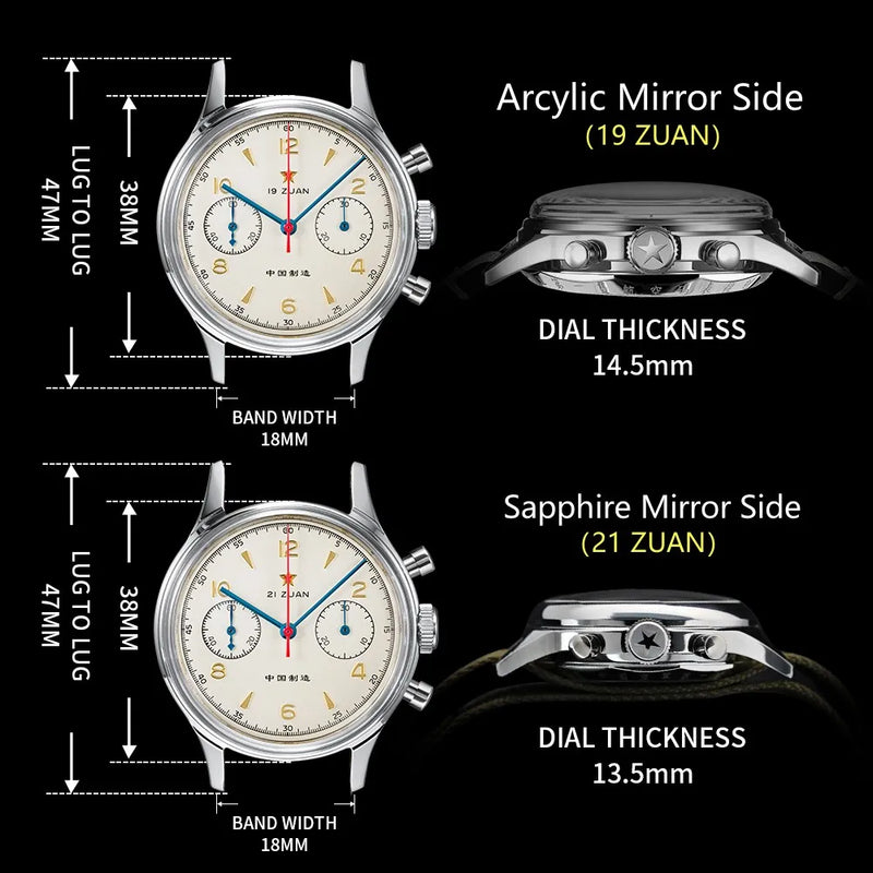 RED STAR 38mm Men's 1963 Chronograph Mechanical Watch Pilot with Seagull Movement ST1901 Air Force Aviation Sapphire Goose 40mm