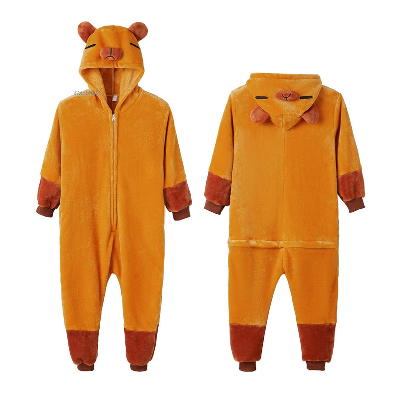 Winter Plush Pajamas Children Capybara Sleepwear Women Men Cosplay Jumpsuit Hooded Boys Girls Flannel Fleece Sleeping Clothes