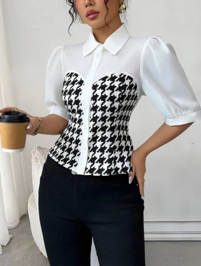 Women's Blouse Spring Summer Black White Tops Houndstooth | SAMAG