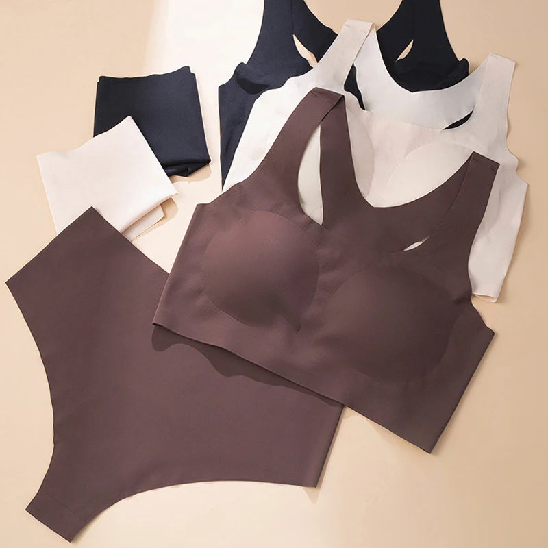TERMEZY Soft Seamless Wireless Bra Set Minimalist Racerback Bralette Set Sport Yoga Breathable Panties Set Solid Color Intimates