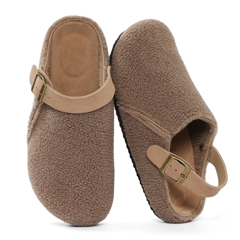 Crestar Fuzzy Clogs Slipper For Women Winter Non-slip Cork Footbed Mules With Adjustable Strap Lady Comfort Casual Potato Shoes