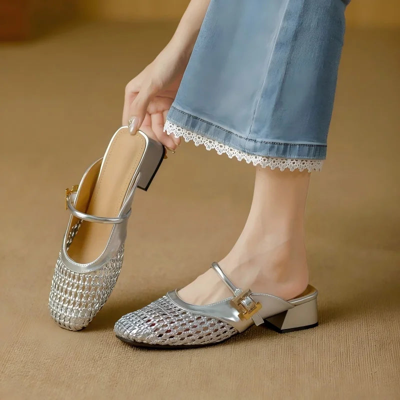 Women’s Mesh Cutout Closed Toe Mule Sandals | Summer 2026 Mid Heel Breathable Slip On Woven Strap Slides