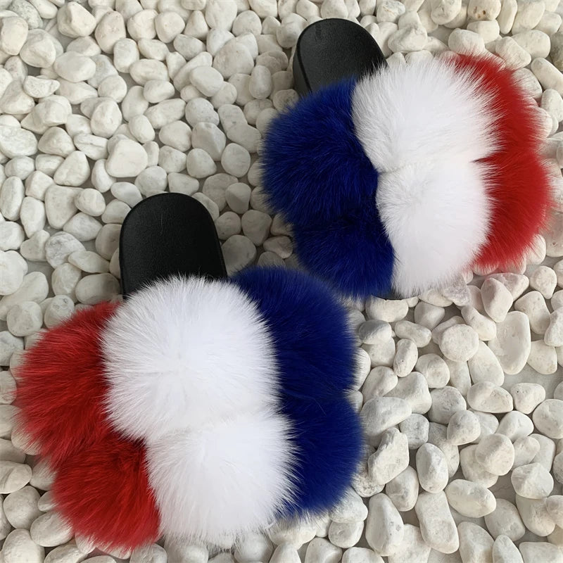 Fur Slides Factory Supply Mixed Color Pom Pom Six Balls Fox Fur Multi-Color Fluffy Fur Slippers For Women