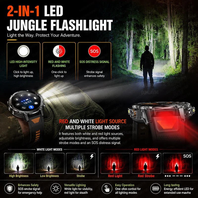New 1400mAh Big Battery Smart Watch Men Outdoor GPS Flashlight IP68 Waterproof Bluetooth Call AMOLED Military Sports Smartwatch