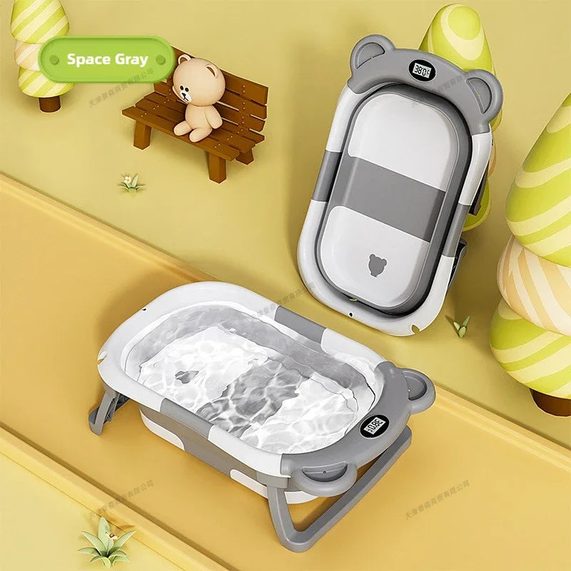 Foldable Baby Bath Tub Smart Temperature Display Newborn Tub Bear Shape Portable Shower Basin Infant Safe Bath Goods