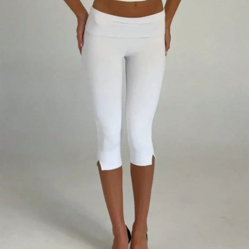 Women's Y2K Low Waist White Capri Leggings Fold Over Waistband Split Hem Solid Color Slim Fit Stretchy Cropped Leggings Buttery