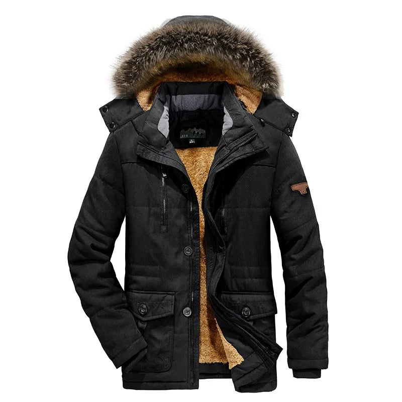 New Fashion Men Hooded Fur Collar Long Jackets Warm Parkas Fleece Down Jackets Male Winter Coats Outdoor Casual Jackets Size 7XL