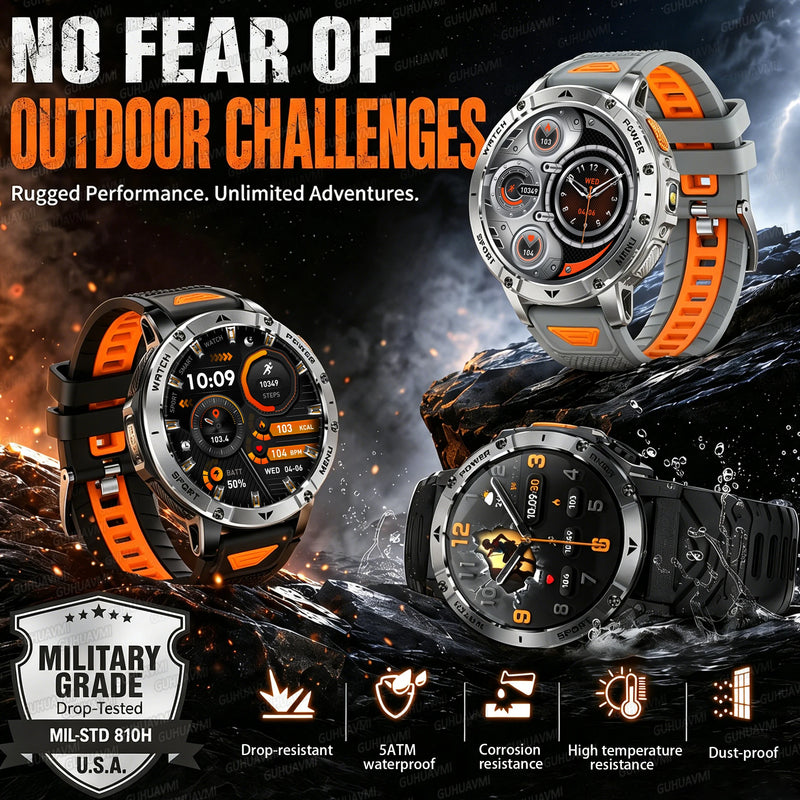 Military Grade Alloy Smartwatch 1400mAh Long Standby Waterproof SOS Emergency Flashlight BT Call Outdoor Sports Watch For Men