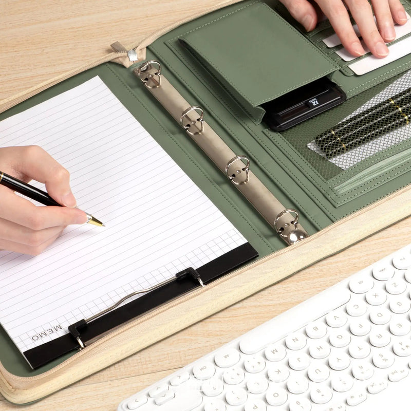 New A4 multi-function business zipper bag, 4-ring binder + writing pad + storage bag, pleated texture PU  leather cover