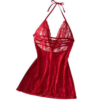 Women Red Satin Babydoll Nightgown Halter Tie Neck Deep V | SAMAG