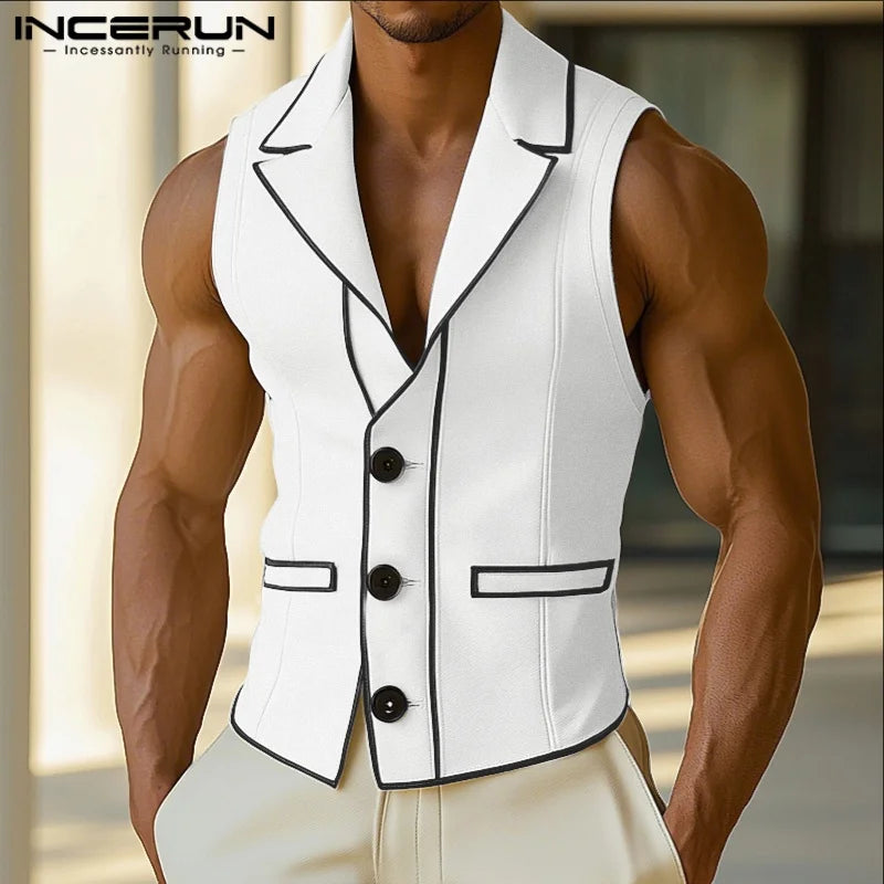 INCERUN Men Vests Patchwork Lapel Sleeveless Button Casual Male Waistcoats Color-block Streetwear 2025 Fashion Vests Men S-5XL