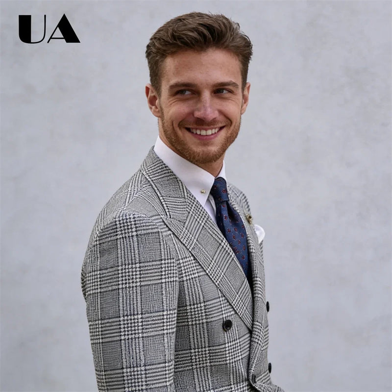 Retro Checkered Suit Set Including Jacket and Pants, Men's Formal Suit Double Breasted Jacket XXS-7XL Tuxedo Blazer Trousers