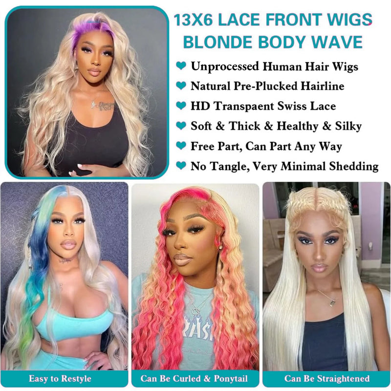 613 Human Hair Wig 13x6 Body Wave Blonde HD Lace Frontal Wig Pre Plucked 13x4 Transparent Lace Front Wigs For Women 200% Density