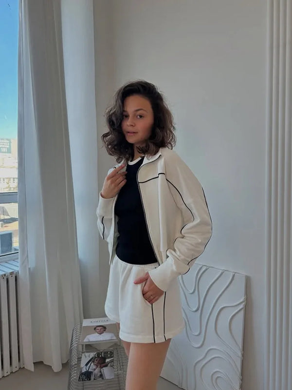 2026 Spring/Summer Casual Women's Stand up Collar Jacket Loose Shorts Long Sleeve Zipper Pocket Coat Fashion Sports Set